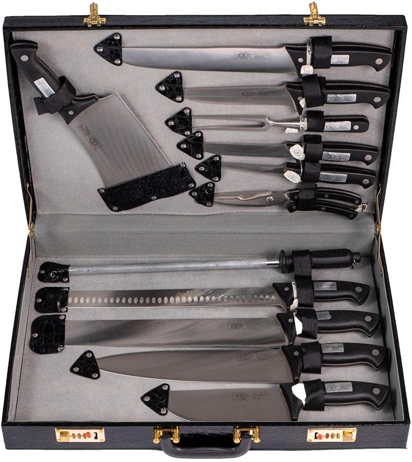 AMC Set di coltelli da cucina da 12 pezzi acciaio inox e manico ergonomico rivettato, set coltelli barbecue e lama affilata design tedesco superficie antibatterica con valigetta elegante, idea regalo