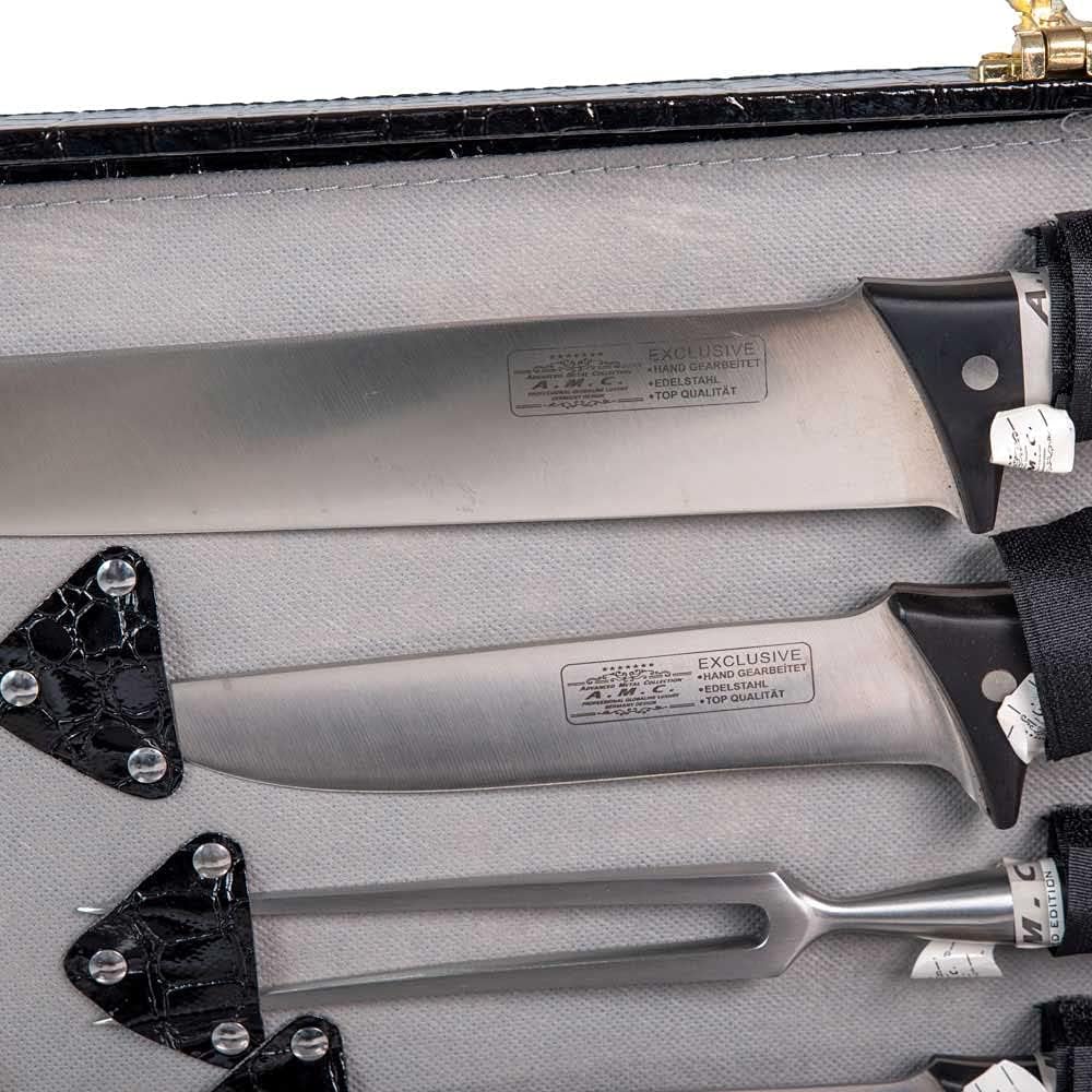 AMC Set di coltelli da cucina da 12 pezzi acciaio inox e manico ergonomico rivettato, set coltelli barbecue e lama affilata design tedesco superficie antibatterica con valigetta elegante, idea regalo